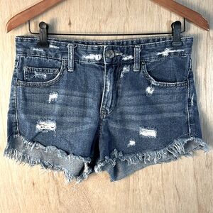 Free People Distressed Denim Shorts Women’s Size 26 Medium Wash Raw Hem Zip Fly